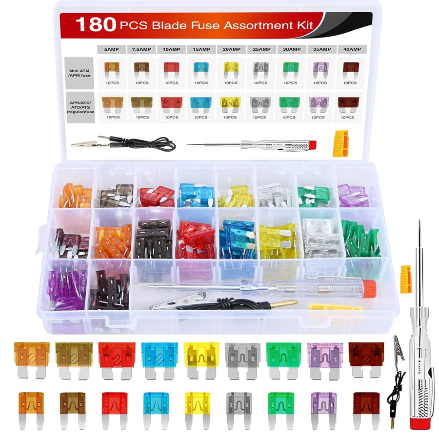 Nilight 180 Pcs Automotive Blade Fuse Kit Standard Mini Fuse Assortment 5A 7.5A 10A 15A 20A 25A 30A 35A 40A with Fuse Puller & Circuit Tester Essential Replacement Fuses for Cars Trucks SUVs
