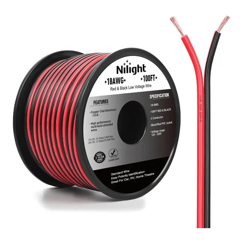 Nilight 18AWG 100FT Copper Clad Aluminum Wire 18/2 Gauge Red Black CCA Electrical Cable 2 Conductor Parallel 12V/24V DC Flexible Extension Cords