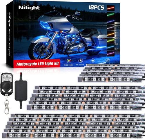 Nilight 18PCS Motorcycle RGB Led Light Kit Waterproof Multi Color Atmosphere Neon Accent Lights Lamp with RF Wireless Remote for Harley Davidson Honda Kawasaki Yamaha Suzuki