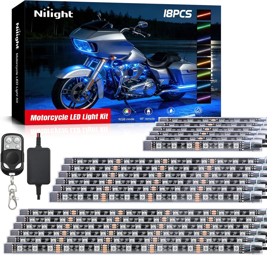 Nilight 18PCS Motorcycle RGB Led Light Kit Waterproof Multi Color Atmosphere Neon Accent Lights Lamp with RF Wireless Remote for Harley Davidson Honda Kawasaki Yamaha Suzuki