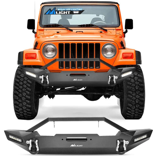 Nilight 1987-2006 Jeep Wrangler TJ & YJ Front Bumper Rock Crawler Bumper with 2Pcs LED Lights Winch Plate 2Pcs D-Rings Upgraded Textured Black
