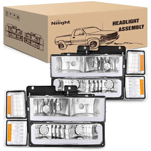 Nilight 1994 1995 1996 1997 1998 Chevy Silverado 1500 2500 3500 Headlight Assembly Chrome Case Clear Reflector