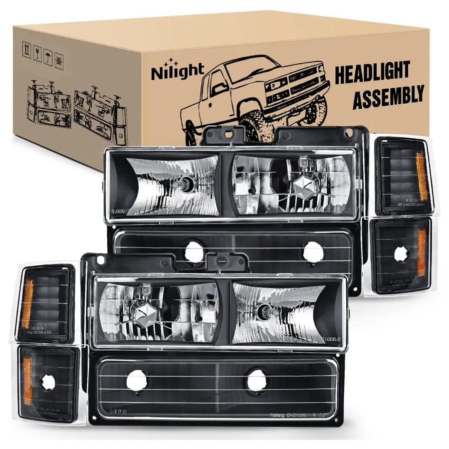 Nilight 1994 1995 1996 1997 1998 Chevy Silverado Tahoe Suburban C10 C/K 1500 2500 3500 Headlight Assembly Black Case Amber Reflector