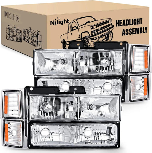 Nilight 1994 1995 1996 1997 1998 Chevy Silverado Tahoe Suburban C10 C/K 1500 2500 3500 Headlight Assembly Chrome Case Amber Reflector