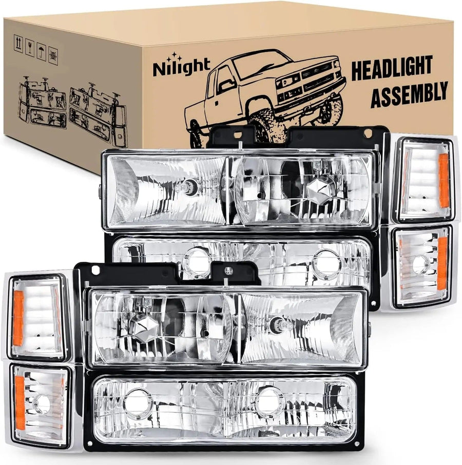 Nilight 1994 1995 1996 1997 1998 Chevy Silverado Tahoe Suburban C10 C/K 1500 2500 3500 Headlight Assembly Chrome Case Amber Reflector