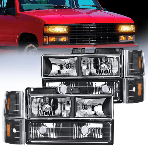 Nilight 1994 1995 1996 1997 1998 GMC Suburban Yukon Sierra C/K Series 1500 2500 3500 Headlight Assembly Black Case Amber Reflector