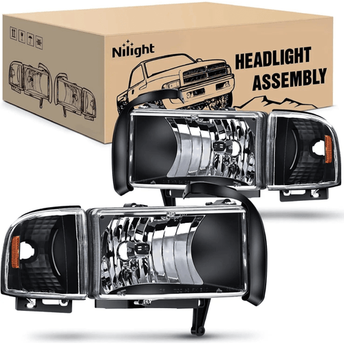 Nilight 1994 1995 1996 1997 1998 1999 2000 2001 2002 Dodge RAM 1500 2500 3500 Headlight Assembly Black Case Amber Reflector