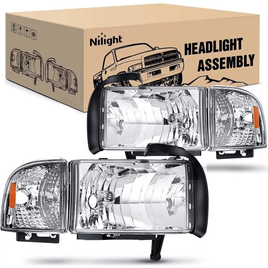 Nilight 1994 1995 1996 1997 1998 1999 2000 2001 2002 Dodge RAM 1500 2500 3500 Headlight Assembly Chrome Case Amber Reflector