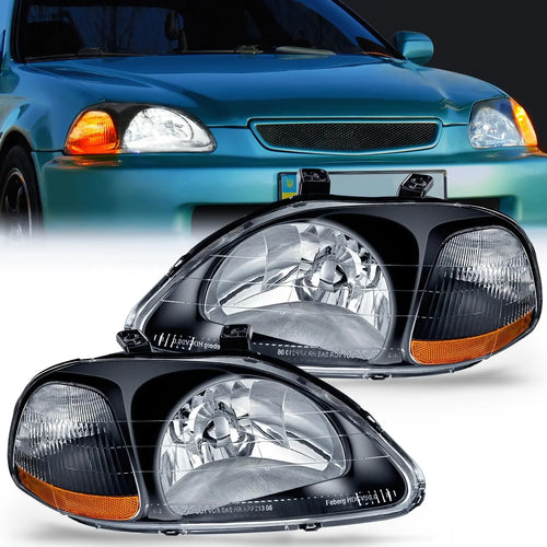 Nilight 1996 1997 1998 Honda Civic Headlight Assembly Black Case Amber Reflector Upgraded Clear Lens