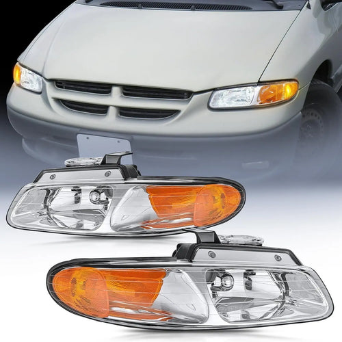 Nilight 1996 1997 1998 1999 Chrysler Town & Country Dodge Grand Caravan Plymouth Grand Voyager Headlight Assembly Chrome Case Amber Reflector