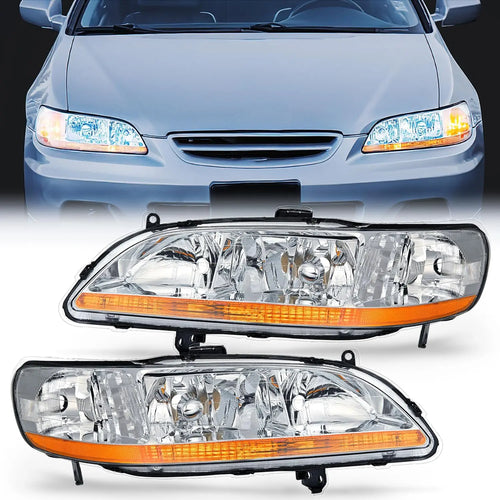 Nilight 1998 1999 2000 2001 2002 Honda Accord Headlight Assembly Chrome Case Amber Reflector Clear Lens
