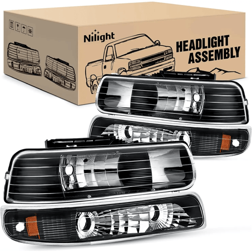 Nilight 1999 2000 2001 2002 Chevy Silverado Avalanche 1500 1500HD 2500 2500HD 3500 Chevrolet Tahoe Suburban Headlight Assembly Black Case Amber Reflector
