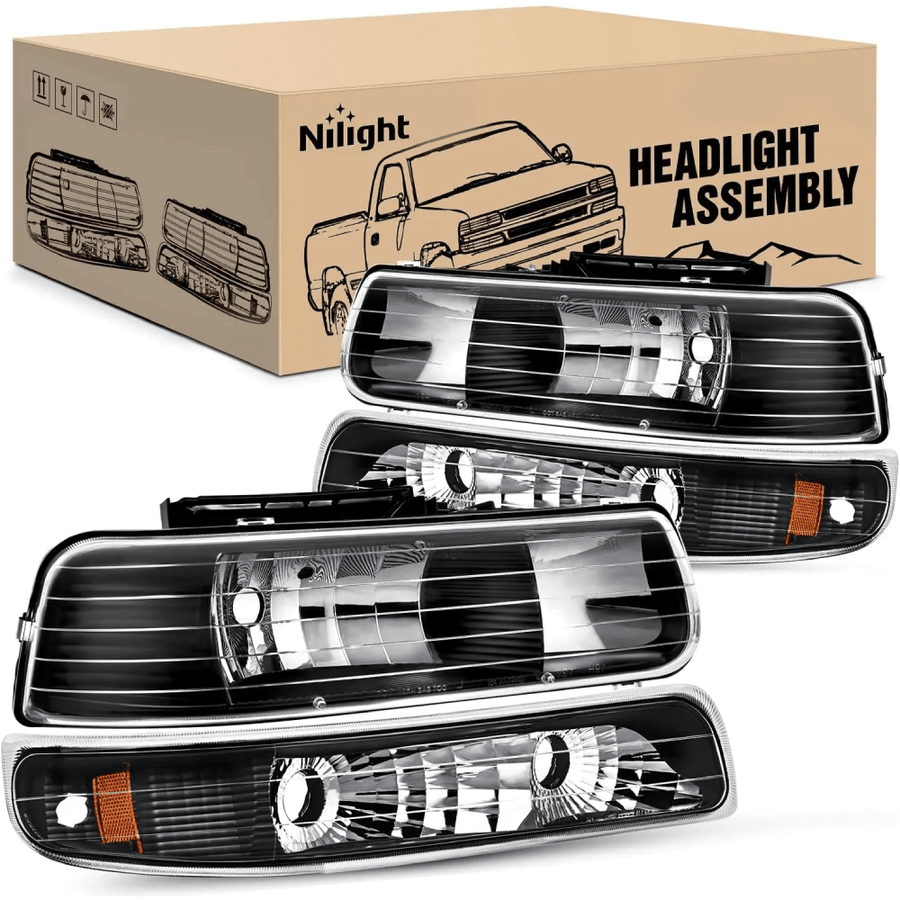 Nilight 1999 2000 2001 2002 Chevy Silverado Avalanche 1500 1500HD 2500 2500HD 3500 Chevrolet Tahoe Suburban Headlight Assembly Black Case Amber Reflector