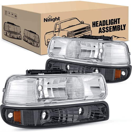 Nilight Headlight Assembly for 1999 2000 2001 2002 Chevy Silverado 1500 1500HD 2500 2500HD 3500 Chevrolet Tahoe Suburban Replacement Headlamp Housing Bumper Lights Set