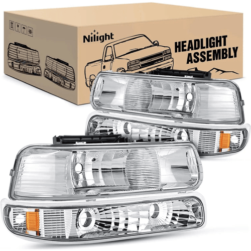 Nilight 1999 2000 2001 2002 Chevy Silverado Avalanche 1500 1500HD 2500 2500HD 3500 Chevrolet Tahoe Suburban Headlight Assembly Chrome Case Amber Reflector