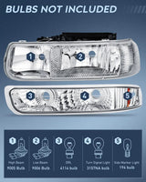 Nilight 1999 2000 2001 2002 Chevy Silverado Avalanche 1500 1500HD 2500 2500HD 3500 Chevrolet Tahoe Suburban Headlight Assembly Chrome Case Amber Reflector, view 2