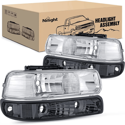 Nilight 1999 2000 2001 2002 Chevy Silverado Avalanche 1500 1500HD 2500 2500HD 3500 Chevrolet Tahoe Suburban Headlight Assembly Chrome Case Clear Reflector Smoke Lens
