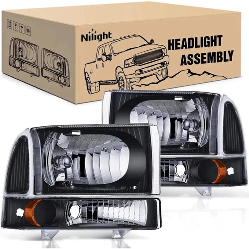 Nilight 1999 2000 2001 2002 2003 2004 Ford F250 F350 F450 F550 Headlight Assembly Black Case Amber Reflector
