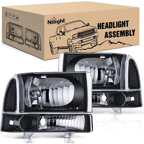 Nilight 1999 2000 2001 2002 2003 2004 Ford F250 F350 F450 F550 Headlight Assembly Black Case Clear Reflector