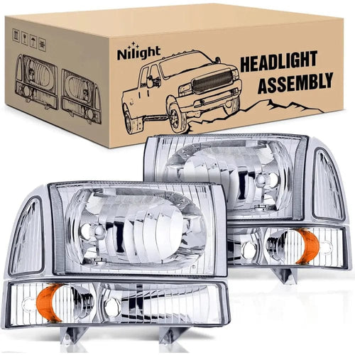 Nilight 1999 2000 2001 2002 2003 2004 Ford F250 F350 F450 F550 Headlight Assembly Chrome Case Amber Reflector