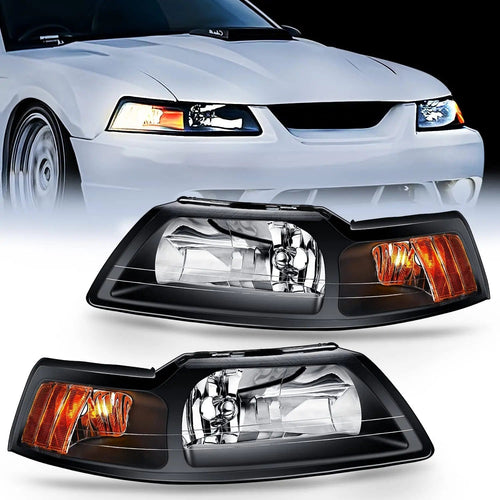 Nilight 1999 2000 2001 2002 2003 2004 Ford Mustang Headlight Assembly Black Case Amber Reflector