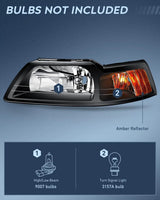 Nilight 1999 2000 2001 2002 2003 2004 Ford Mustang Headlight Assembly Black Case Amber Reflector, view 2