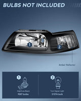 Nilight 1999 2000 2001 2002 2003 2004 Ford Mustang Headlight Assembly Black Case Clear Reflector, view 2