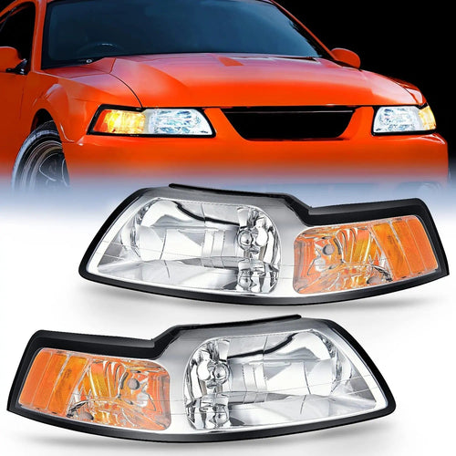 Nilight 1999 2000 2001 2002 2003 2004 Ford Mustang Headlight Assembly Chrome Case Amber Reflector