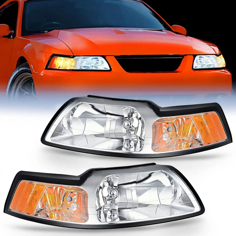 Nilight 1999 2000 2001 2002 2003 2004 Ford Mustang Headlight Assembly Chrome Case Amber Reflector