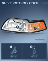 Nilight 1999 2000 2001 2002 2003 2004 Ford Mustang Headlight Assembly Chrome Case Amber Reflector, view 2