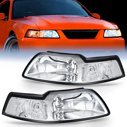 Nilight 1999 2000 2001 2002 2003 2004 Ford Mustang Headlight Assembly Chrome Case Clear Reflector