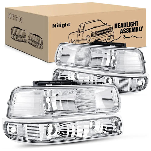 Nilight Headlight Assembly for 1999 2000 2001 2002 Chevy Silverado 1500 1500HD 2500 2500HD 3500 Chevrolet Tahoe Suburban Replacement Headlamp Housing Bumper Lights Set