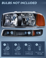 Nilight 1999 2000 2001 2002 2003 2004 2005 2006 GMC Sierra Yukon Headlight Assembly Black Case Amber Reflector, view 2