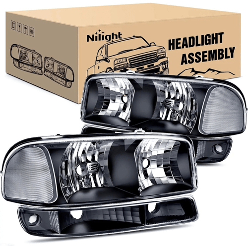 Nilight 1999 2000 2001 2002 2003 2004 2005 2006 GMC Sierra Yukon Headlight Assembly Black Case Clear Reflector