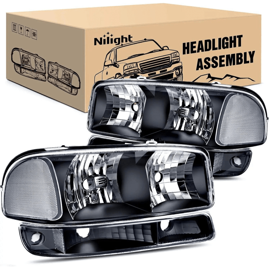 Nilight 1999 2000 2001 2002 2003 2004 2005 2006 GMC Sierra Yukon Headlight Assembly Black Case Clear Reflector