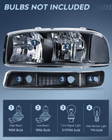 Nilight 1999 2000 2001 2002 2003 2004 2005 2006 GMC Sierra Yukon Headlight Assembly Black Case Clear Reflector, view 6