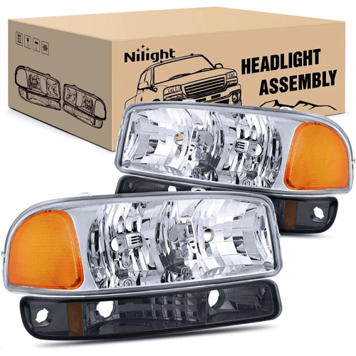 Nilight 1999 2000 2001 2002 2003 2004 2005 2006 GMC Sierra Yukon Headlight Assembly Chrome Case Amber Reflector Smoke Lens