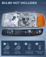 Nilight 1999 2000 2001 2002 2003 2004 2005 2006 GMC Sierra Yukon Headlight Assembly Chrome Case Amber Reflector Smoke Lens, view 2