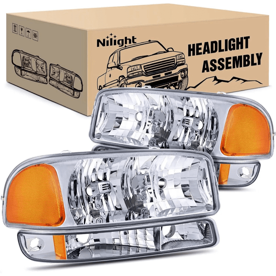 Nilight 1999 2000 2001 2002 2003 2004 2005 2006 GMC Sierra Yukon Headlight Assembly Chrome Case Amber Reflector