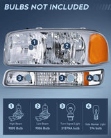 Nilight 1999 2000 2001 2002 2003 2004 2005 2006 GMC Sierra Yukon Headlight Assembly Chrome Case Amber Reflector, view 2