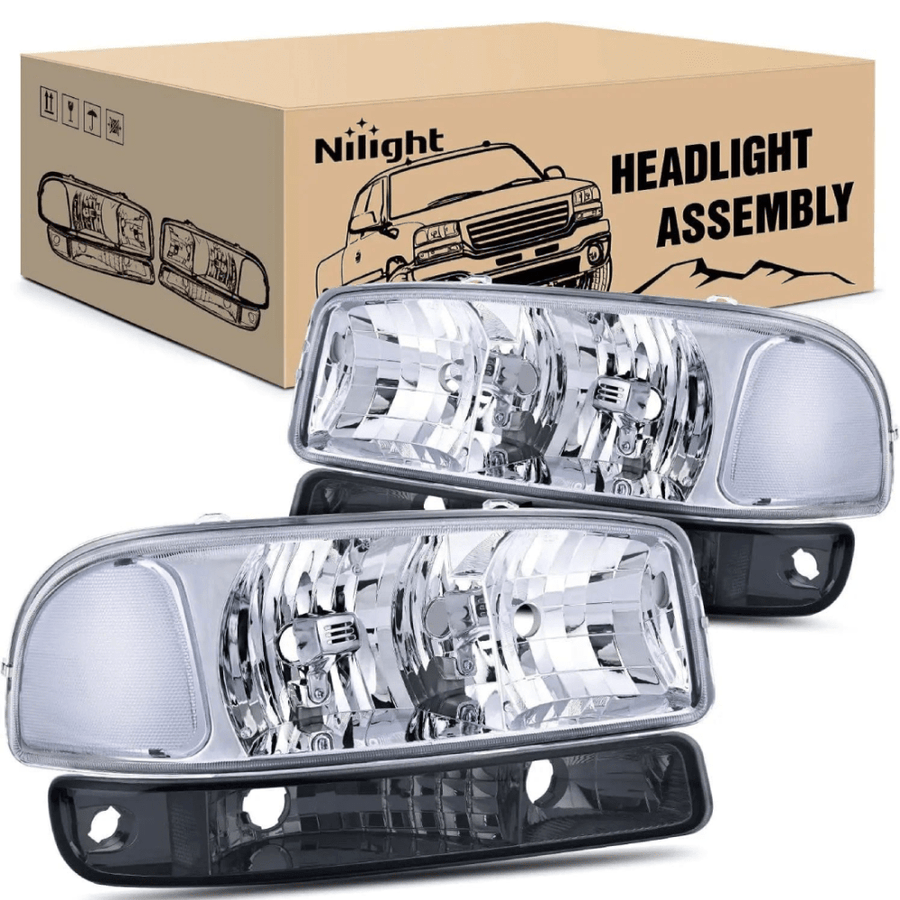 Nilight 1999 2000 2001 2002 2003 2004 2005 2006 GMC Sierra Yukon Headlight Assembly Chrome Case Clear Reflector Smoke Lens
