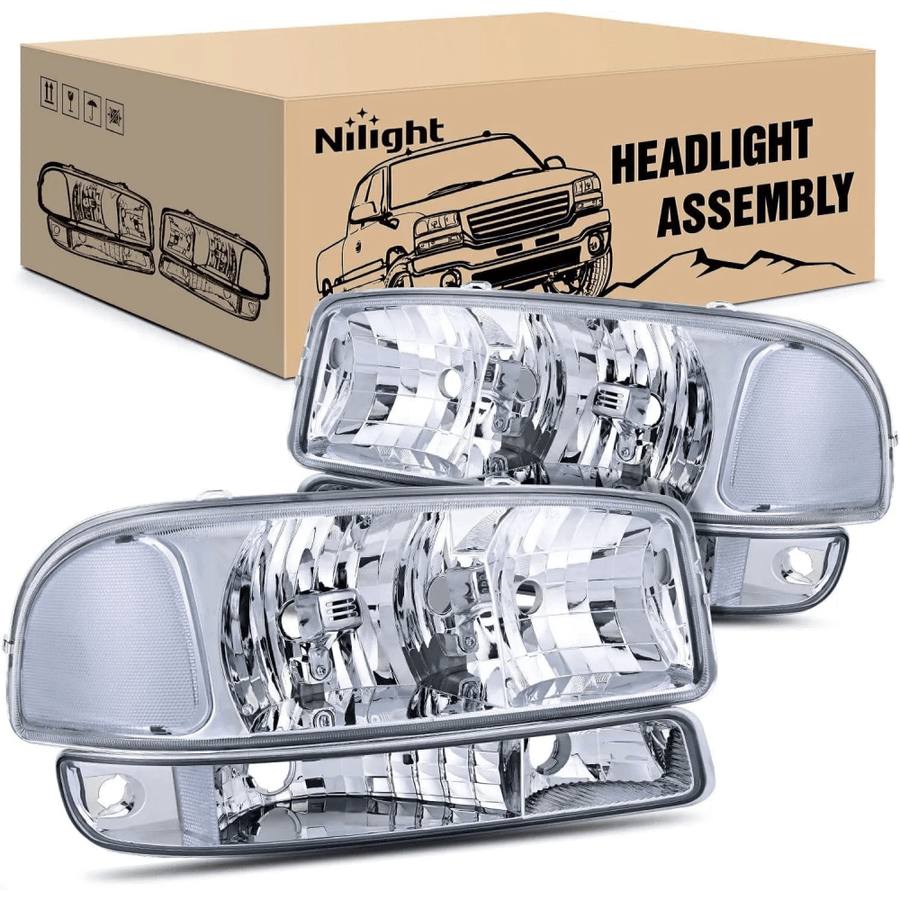 Nilight 1999 2000 2001 2002 2003 2004 2005 2006 GMC Sierra Yukon Headlight Assembly Chrome Case Clear Reflector