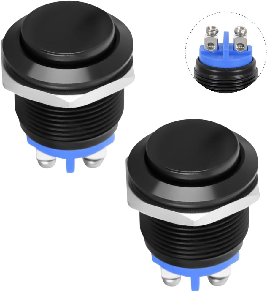Nilight 19mm Momentary Push Button Switch 12V Waterproof Black Metal Round Starter Power Switches 2PCS 2 Pin Screw Terminal for Car Truck Horn Boat Marine RV Vehicle