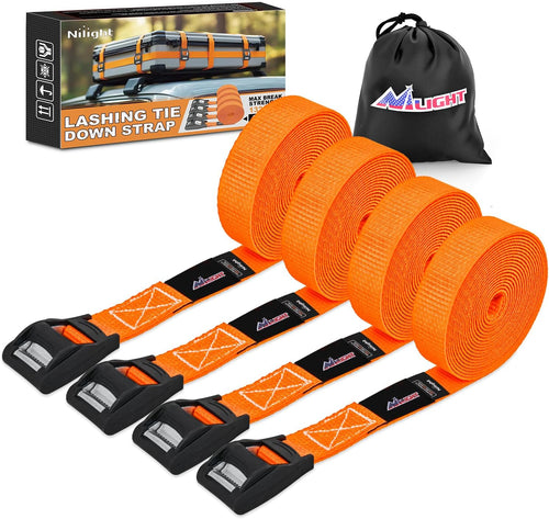 Nilight 1in x 12ft Heavy Duty Lashing Straps 4PCS | Adjustable Cam Buckle Tie-Down Straps 1320LBS for Motorcycle Boat RV Cargo Trucks Trailer Luggage Orange&Black