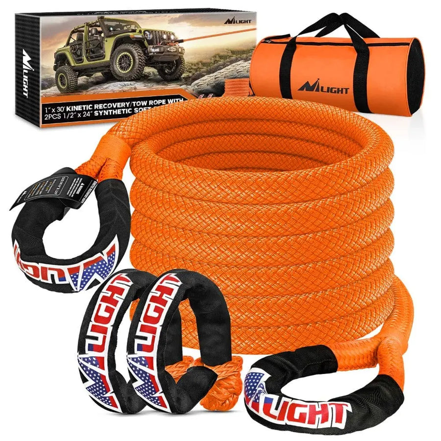 Nilight 1In x 30FT Kinetic Recovery Rope & 2PCS 1/2In x 24In Soft Shackle