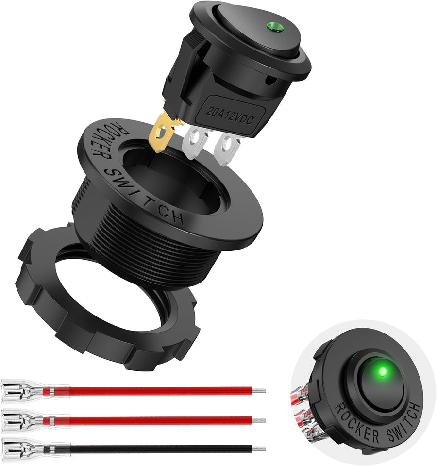 Nilight 1PC Round Rocker Switch with Shell 12V 24V 20A Green LED Toggle swtich with 16AWG Wires SPST 3Pin 2 Position for Car Truck Vehicle Boat Marine Rocker On Off Control