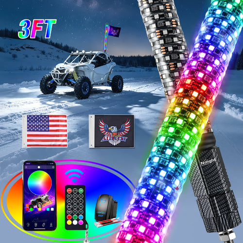 Nilight 1Pc 3FT Spiral Antenna Bluetooth Remote App Control Led Fat Whip Light