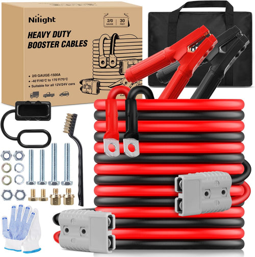 Nilight 2/0 Gauge 30 Feet Heavy Duty Jumper Cables 1500 Amp Booster Battery Cables with Permanent Installation kit and Quick Connect Plug Includes carrying bag for 12V & 24V Cars SUVs and Trucks