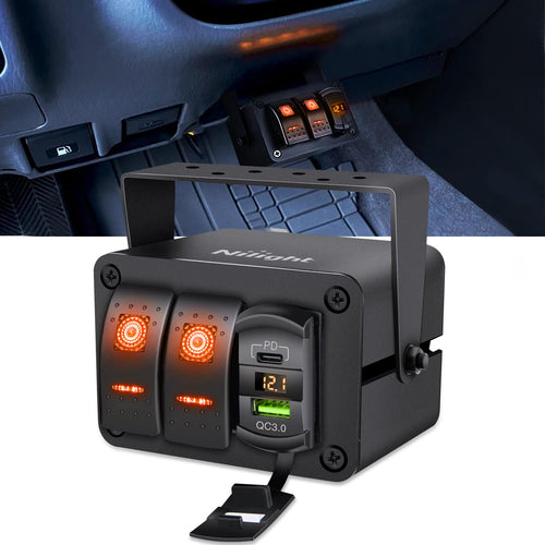 Nilight 2 Gang Rocker Switch Box 12V SPST ON Off Toggle Switches PD Type C and QC 3.0 USB Sockcet Voltmeter LED Light Waterproof Aluminum Mount Bracket Panel DIY Stickers for Boat Car RV Truck