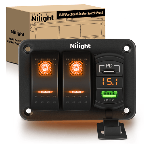 Nilight 2 Gang Switch Panel With QC3.0 & PD Charger And Voltmerter with Orange Backlit